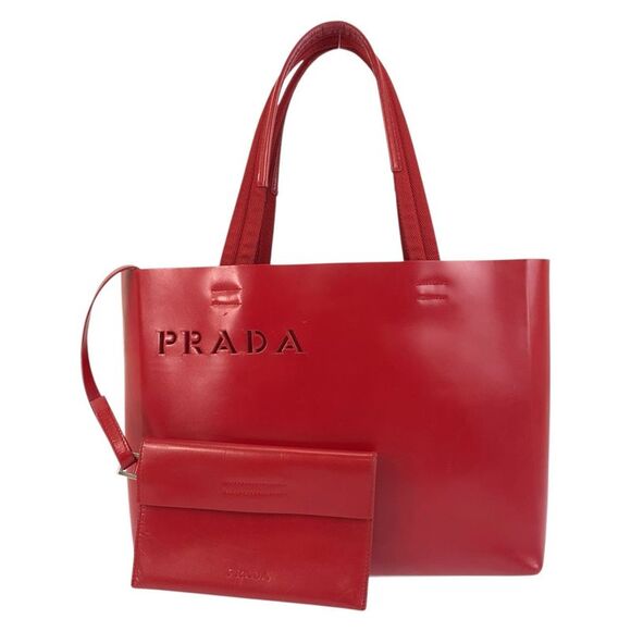 Prada Red Leather Suede Logo Tote Bag - Picture 1 of 10